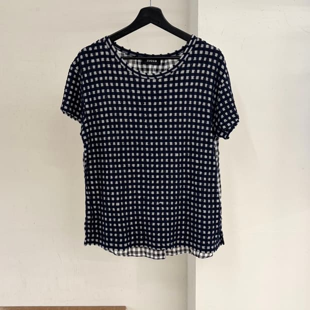 주카 네이비 깅엄 체크 하프 티셔츠
