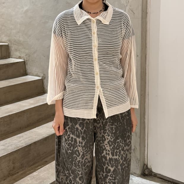 이세이 미야케 와플 메쉬 시스루 플리츠 셔츠 가디건
