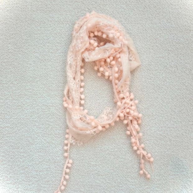 빈티지 살구꽃 코랄 레이스 폼폼 머플러 페어리 모리 하구미 르네상스 히메