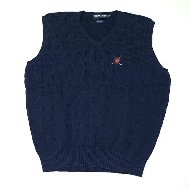 CL579 XL 폴로 90s 홍콩판 엠블럼 케이블 네이비 조끼 니트