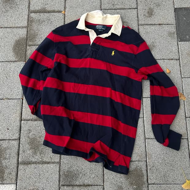 2000s 폴로 레드&네이비 럭비 카라 포니 롱슬리브