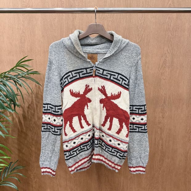 빈티지 니트 집업 가디건 순록 메이플 패턴 디테일 루즈핏 그레이