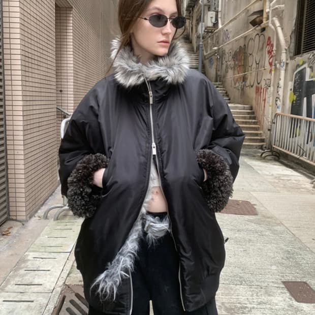 lonslan 하이넥 리버서블 퍼자켓 lamb wool