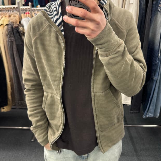 L)Real Thing 빈티지 스트라이프 포인트 올리브 후드집업