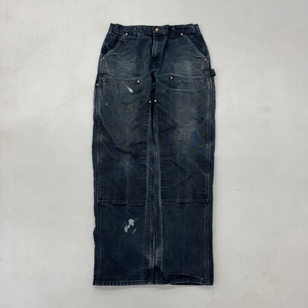 칼하트 OG 더블니 블랙 덕캔버스 하드 페이딩 카펜터 와이드 워크팬츠