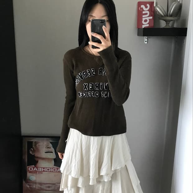 아비렉스 올드스쿨 자수 로고 카키 와플 슬리브티
