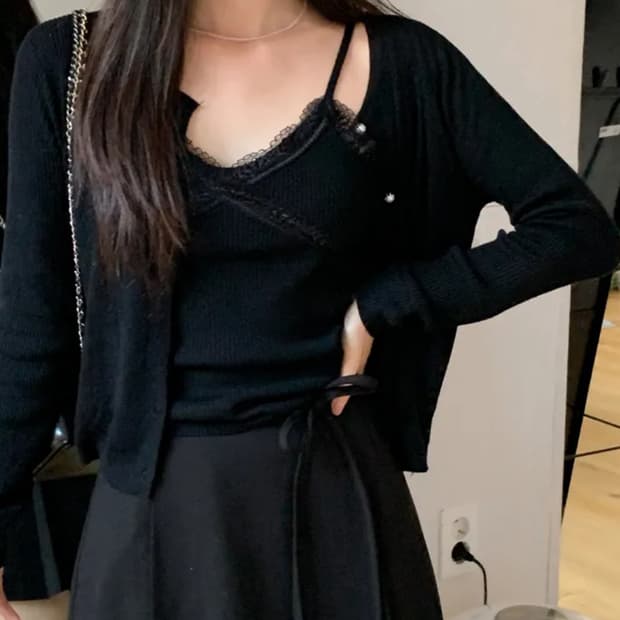 쇼퍼랜드 여리핏 레이스 진주 긴팔 니트 가디건 나시 세트