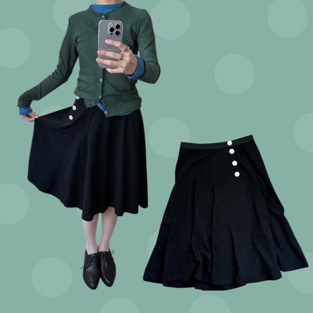 프렌치 시크 단추 포인트 절개 블랙 미디스커트