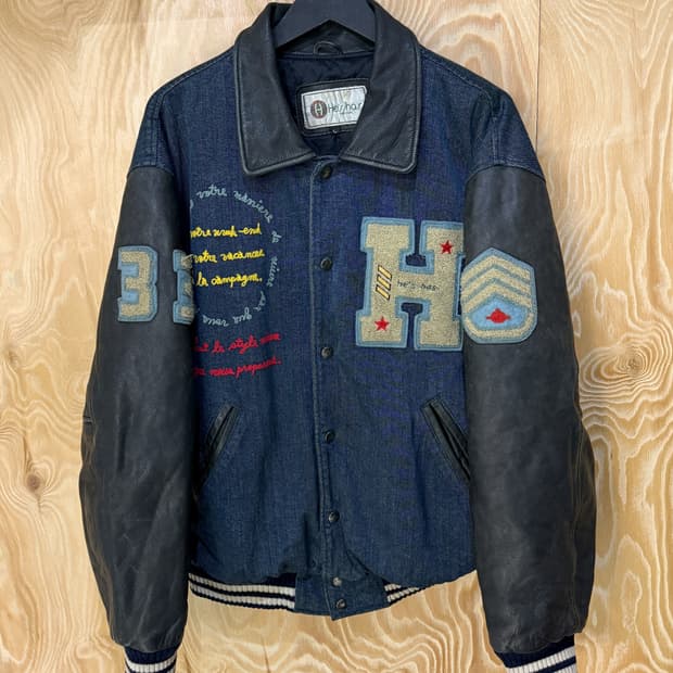 히즈해즈 데님 레더 체인 스티치 바시티 자켓 