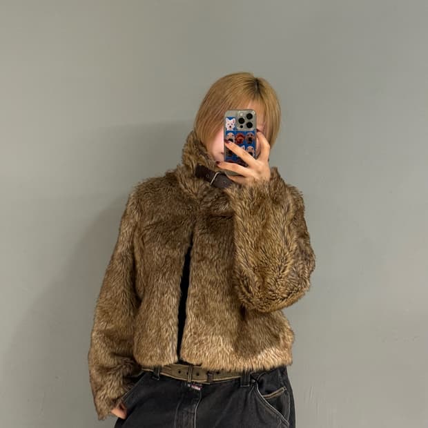 neck buckle point mix color fur jacket
