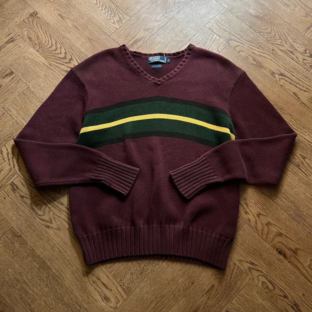 [M]폴로 랄프로렌 컬러 스트라이프 버건디 코튼 니트