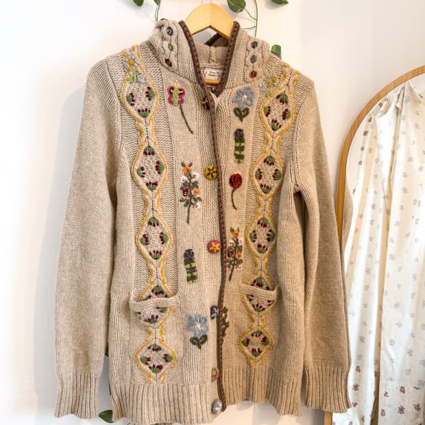 봄꽃 정원 자수 후드 가디건