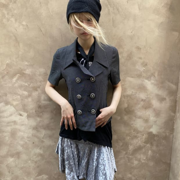 Double-Breasted Short-Sleeve Houndstooth