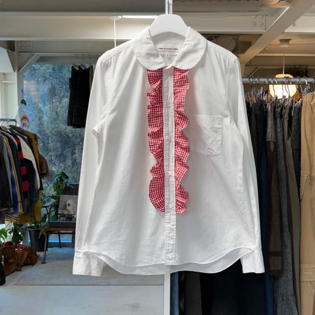 꼼데가르송 걸 깅엄 체크 프릴 셔츠