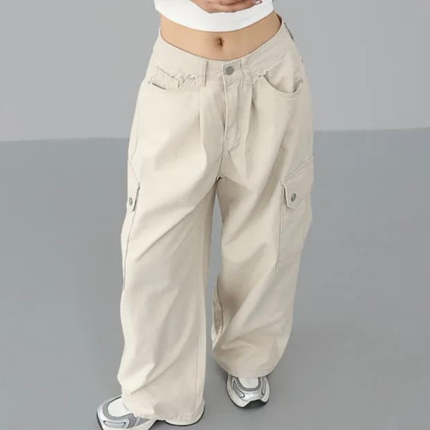 베이지 카고 바지 와이드 팬츠 빈티지