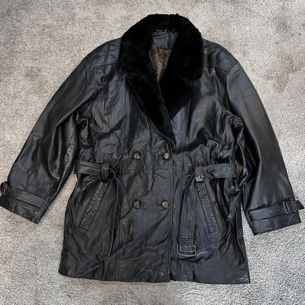 빈티지 양가죽 퍼 트리밍 벨티드 자켓XL
