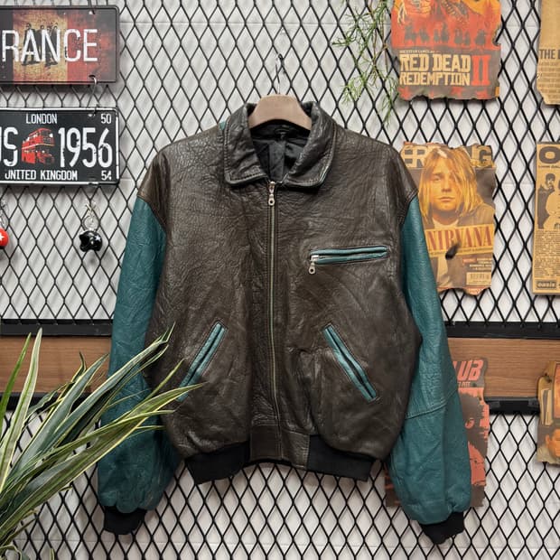 USA VINTAGE 빈티지 레더 플라이트 자켓 소매 청록 배색 브라운
