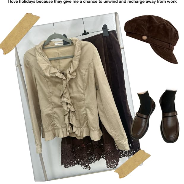 🍮라떼갸루 코디세트🍮 프릴셔츠 벨벳 뜨개 롱 스커트 그런지 고딕풍