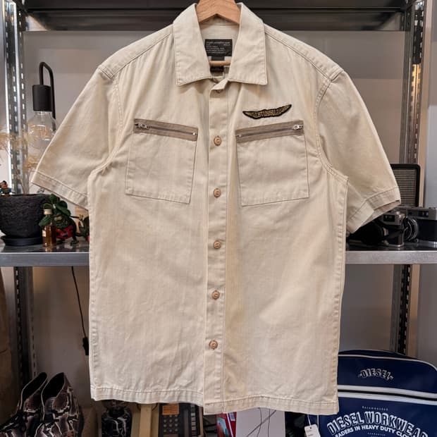 00'S STUSSY 밀리터리 반팔 셔츠 헤링본 원단 M L