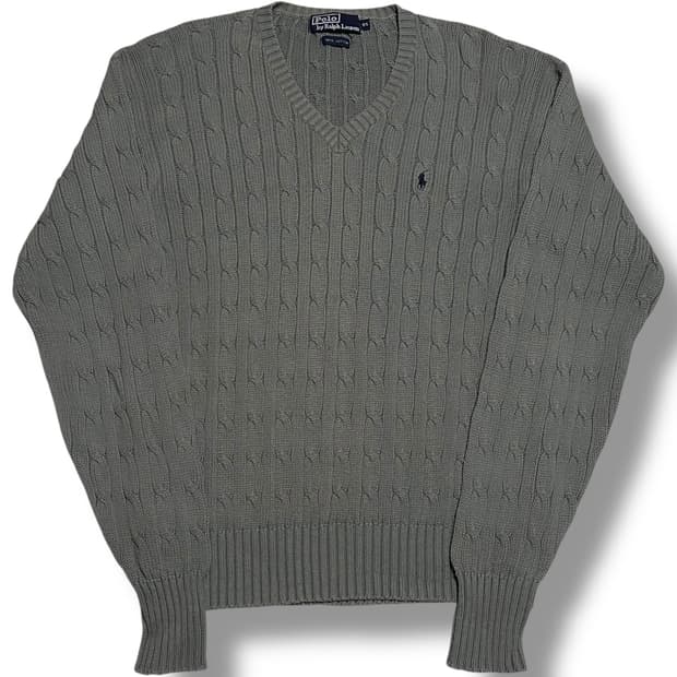 Polo Ralph Lauren 코튼 그레이 브이넥 케이블 니트