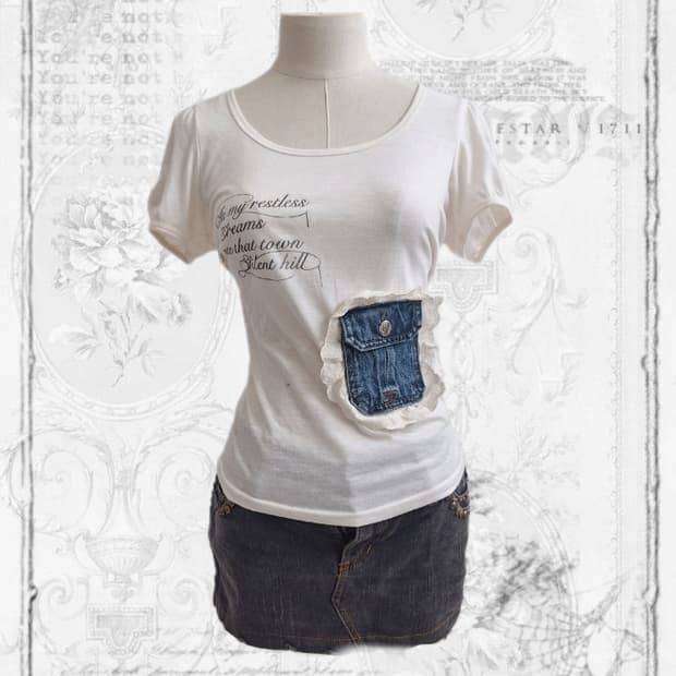 Denim pocket lettering top 커스텀 y2k 너드 일본