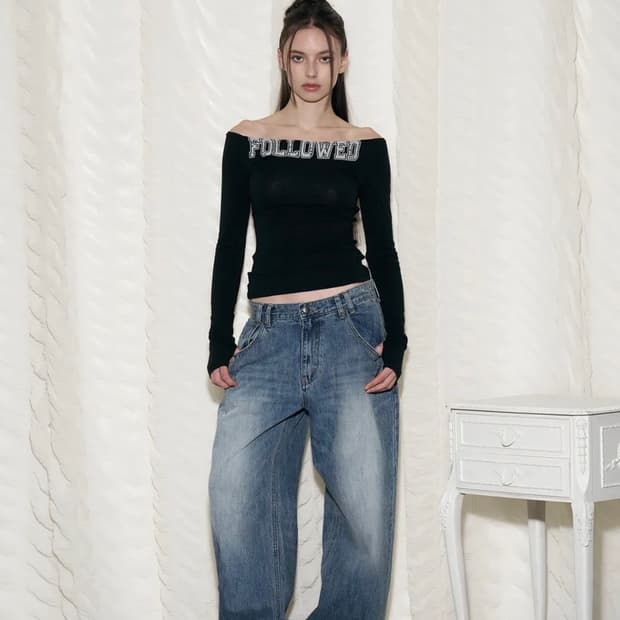 25Damaged Washing Wide Denim (Washed Blu