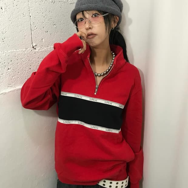 Supreme Logo Stripe Half Zip Sweat Shirt