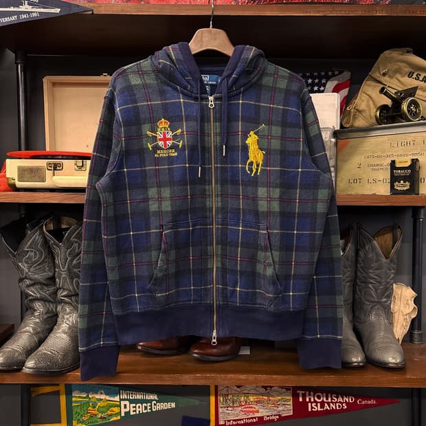 90s 폴로 랄프로렌 블랙와치 타탄 골든포니 플리스 후드집업 N1289