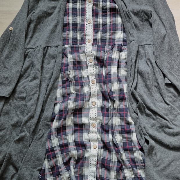 일본빈티지 하나모토 차콜 체크 레이어드 가디건 바선생