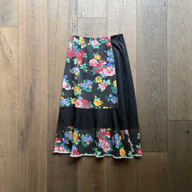 Floral Patchwork Flare Denim Skirt