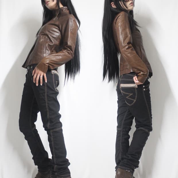 brown stitch shirring straight jean