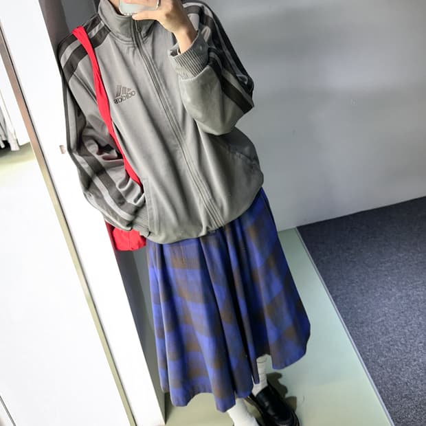 blue wool check long skirt