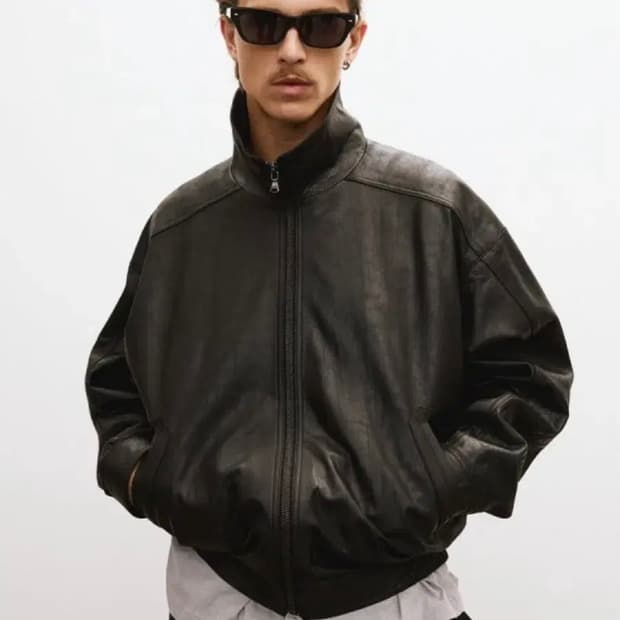 [L] 렉토 빈티지 크랙 이펙트 하이넥 레더 가죽 점퍼 자켓 블랙