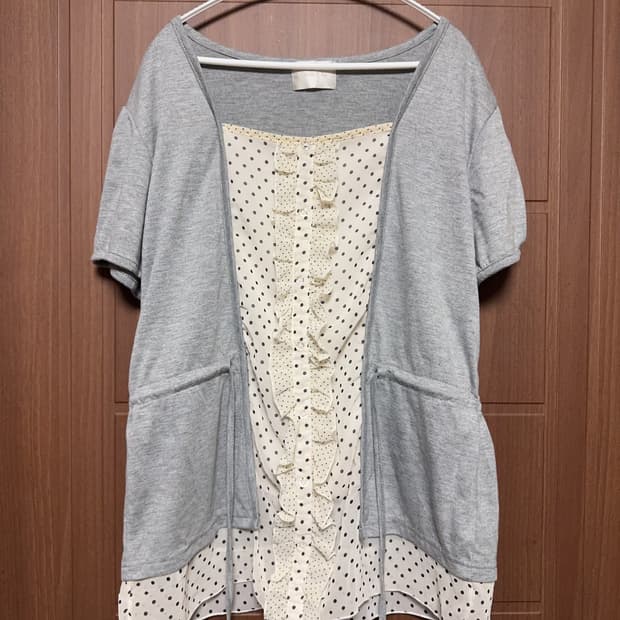 모리걸 하구미 일본 빈티지 그레이 레이어드 셔링 도트 블라우스