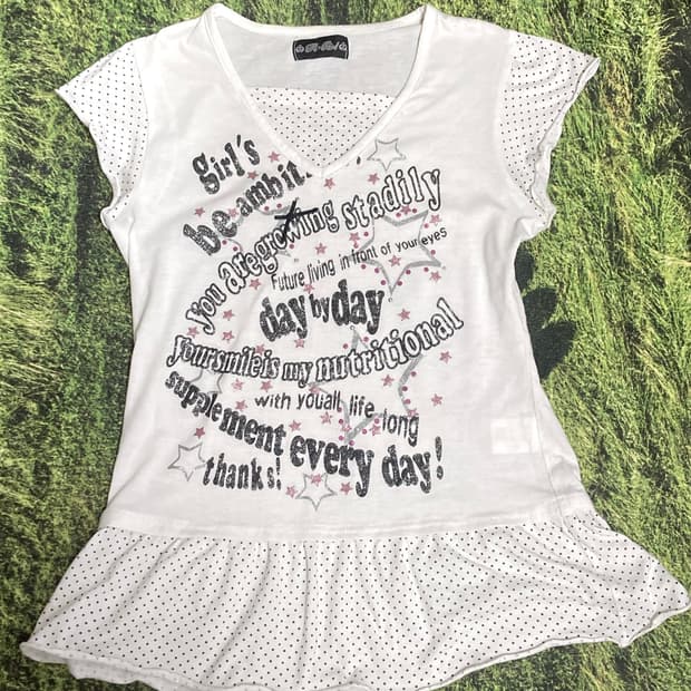 빈티지 헤이세이 히메갸루 데코라 키치 도트 레이어드 반팔티셔츠 사니루