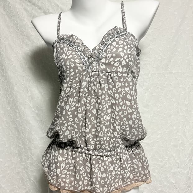 빈티지 갸루 레오파드 레이스 슬리브리스 탑