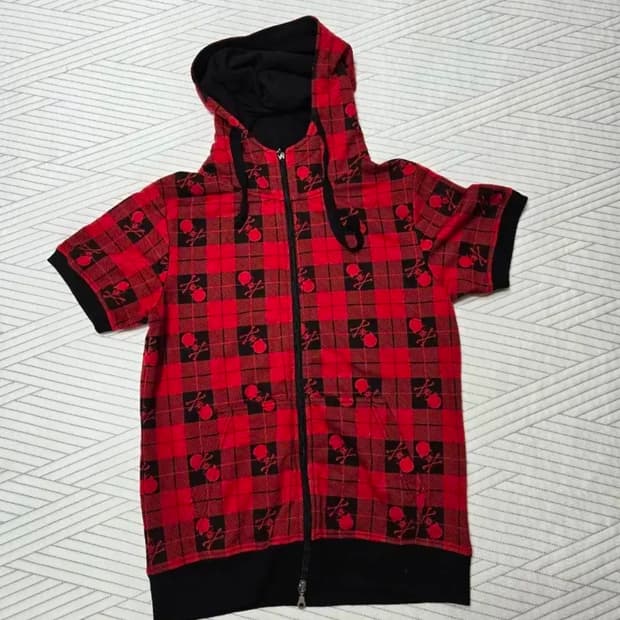 펑크 해골 반팔 후드 집업 캐캐체 레드블랙 체크 빈티지 y2k