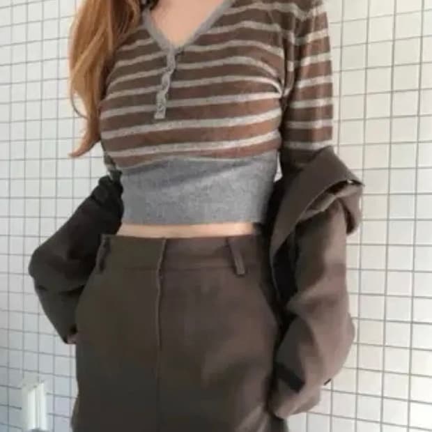 [상태최상] 애즈온 as"on 스트라이프 버튼 니트 브라운