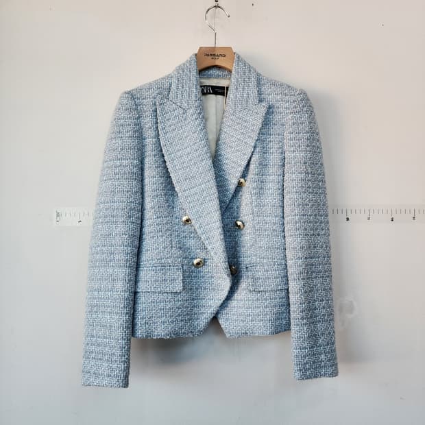 자라 트위드 더블 버튼 자켓 블루