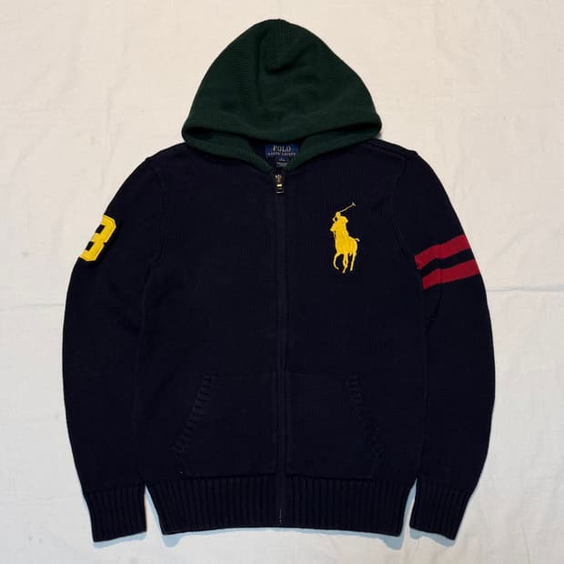 폴로 랄프로렌 빅포니 배색 니트 후드집업 네이비