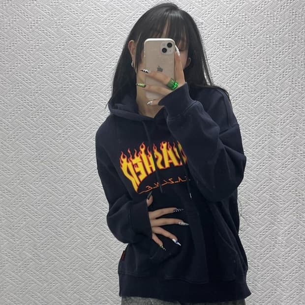 트레셔 올드스쿨 스트릿힙합 불꽃로고 후드티 L C08534