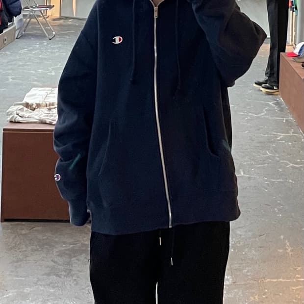 챔피온 리버스 위브 네이비 후드집업 H1352