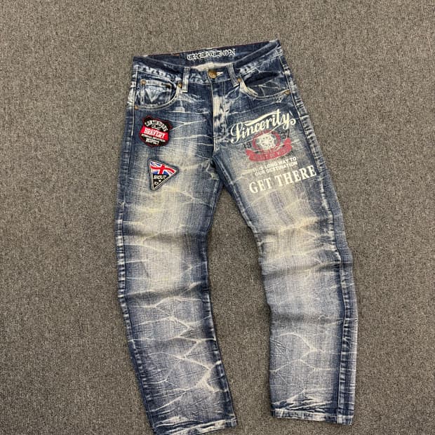 OS)Japanese vintage 워싱 Y2K 패치 프린팅 여성 데님팬