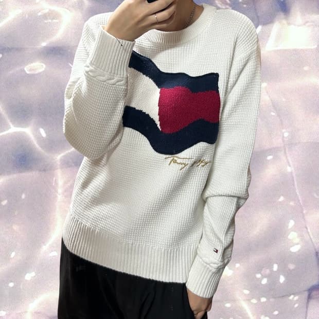 타미힐피거 빅로고 와플 플래그 니트 화이트 S 