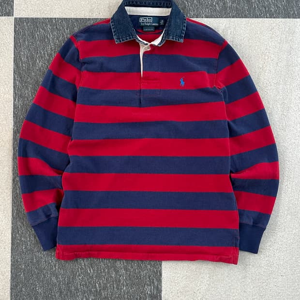 폴로 랄프로렌 스트라이프 데님 럭비 카라 티셔츠