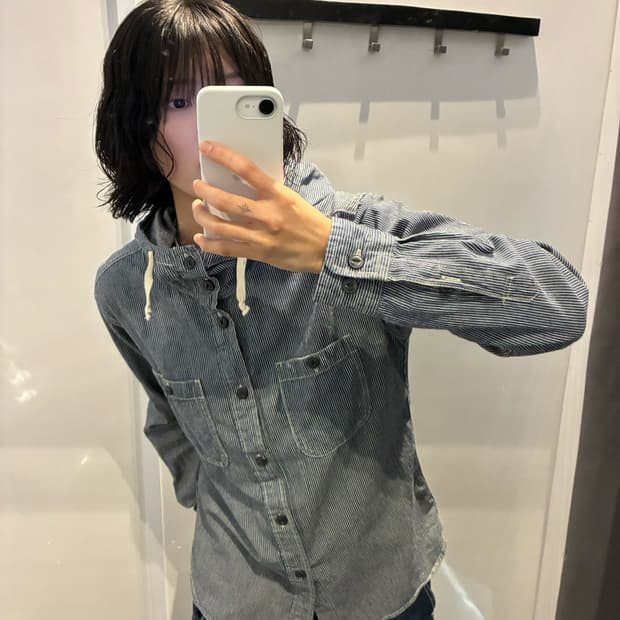 빈티지 후드 버튼업 셔츠 히코리 스트라이프 패턴 디테일 블루