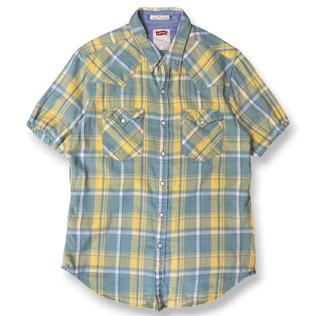 리바이스 옐로우그린 체크 코튼 반팔 셔츠 M