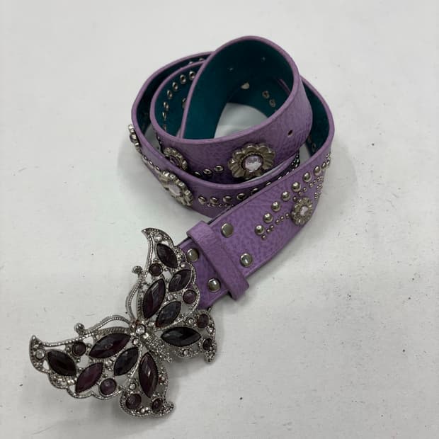빈티지 퍼플 버터플라이 스터드 카우걸 레더 벨트