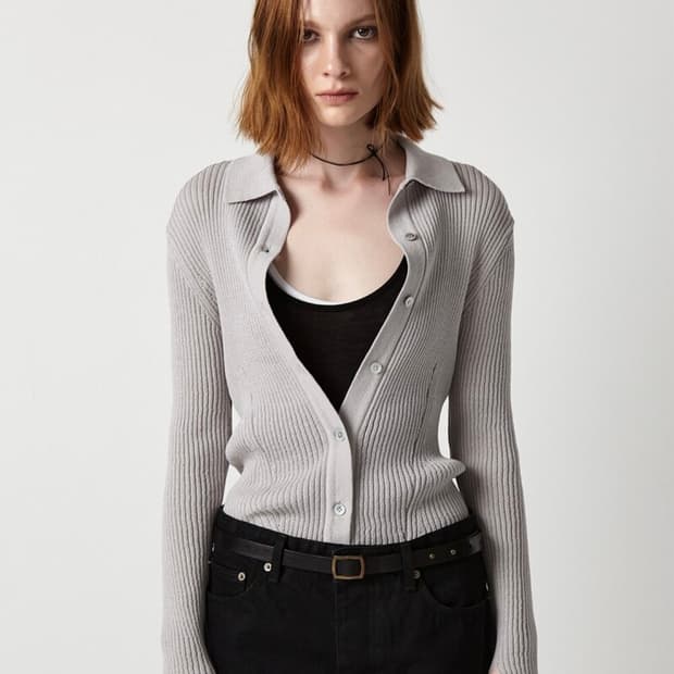 이안 조 EAN JO RIBBED COLLAR KNIT CARDIGAN