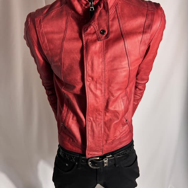 No ID Slim Red Leather Biker Jacket
